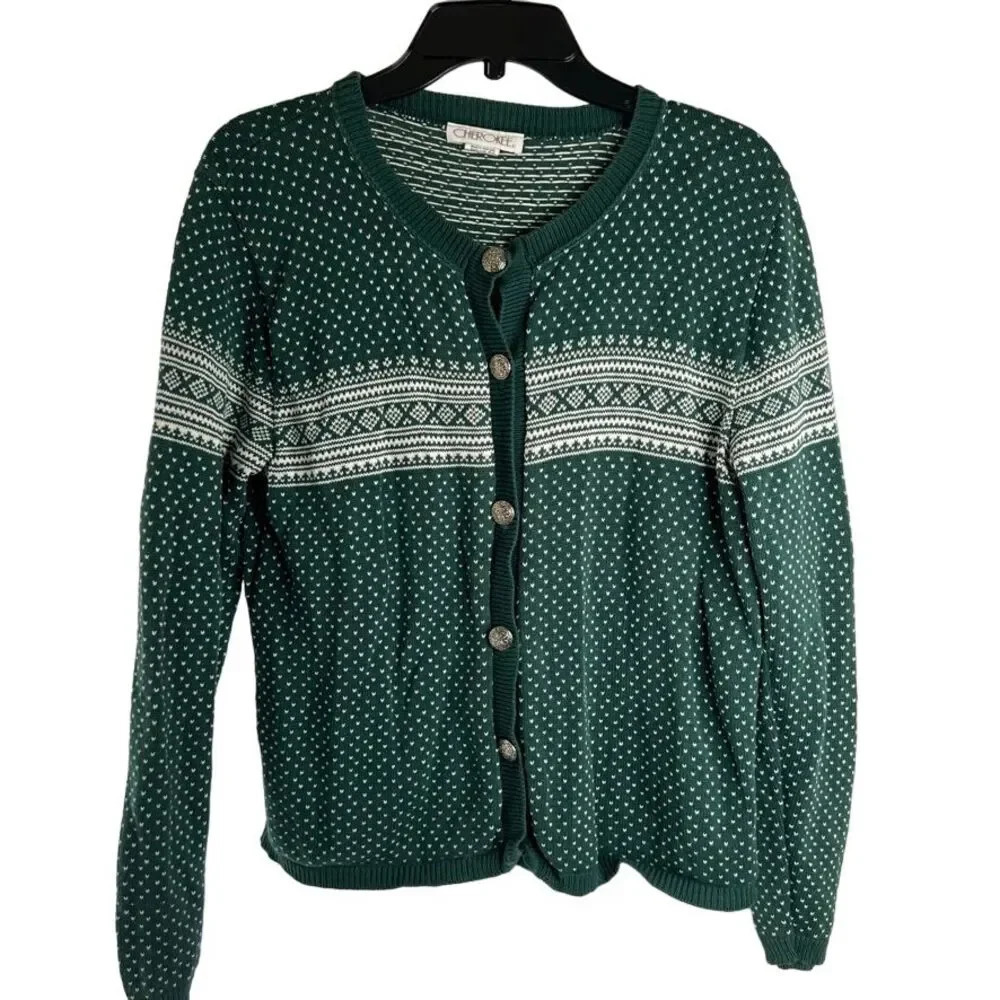 VTG Cherokee Made in USA Christmasy Button Up Cotton Cardigan Sz‎ LG